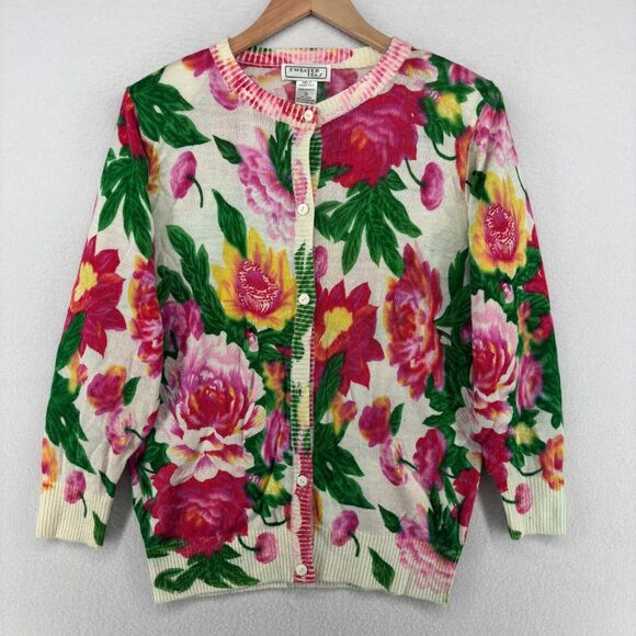 SWEATER TEAS Cardigan Womens S Floral Jumper Grandma Button Front Pink Green Vtg - Picture 1 of 13